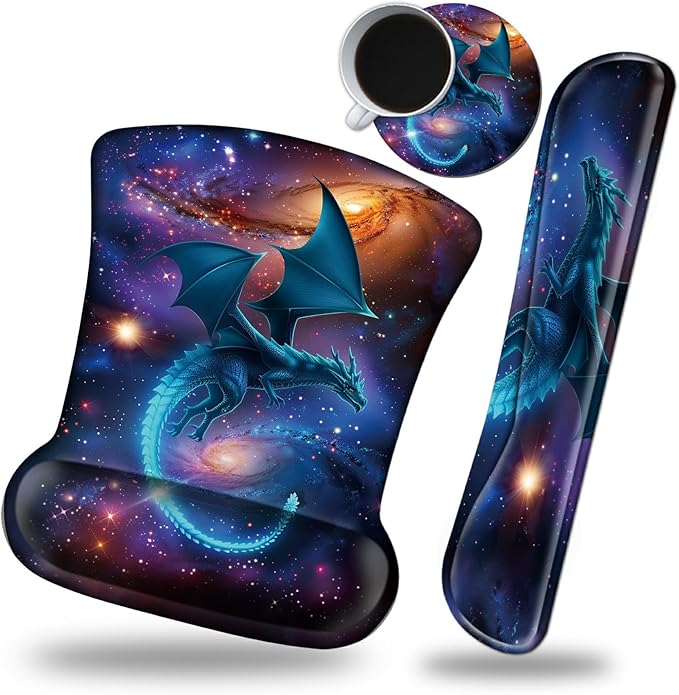 Keyboard Wrist Rest and Mouse Wrist Rest Pad Set Made of Memory Foam with Non Slip Rubber Base Ergonomic Gel Wrist Rest for Computer Keyboard Gaming Office Working with Galaxy Blue Dragon Coaster