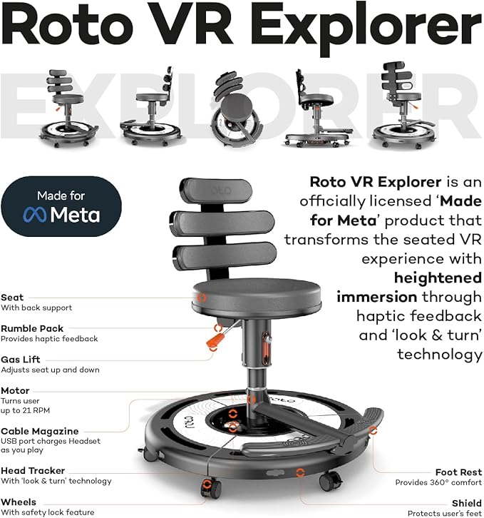 Roto VR Motion Gaming Chair for Meta Quest Oculus PC VR Immersive 360° Experience with Head Tracking &amp Full-Body Haptics Reduces Motion Sickness Compatible with Meta Pico Vive Apple Vision