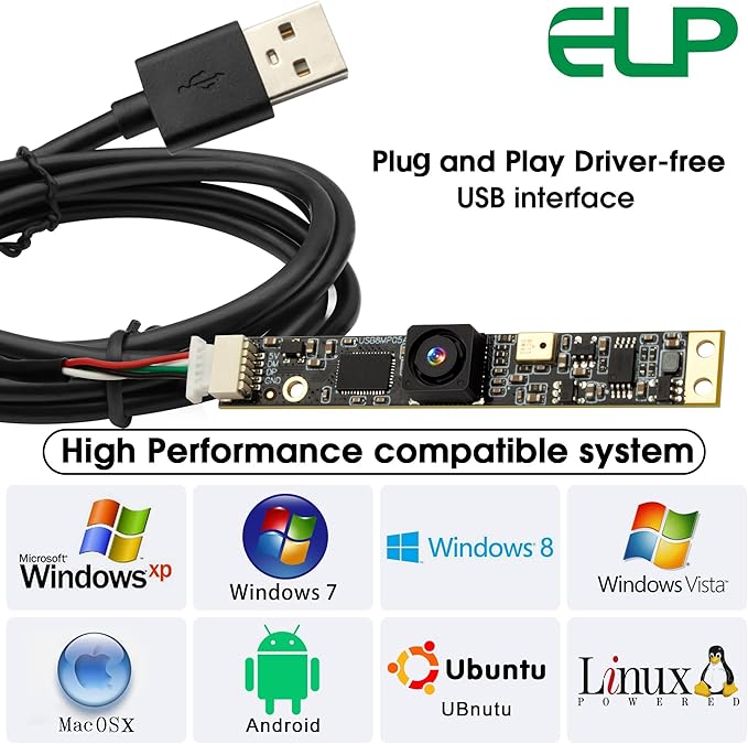 ELP 8mp USB Camera Module with Microphone 4K PC Camera for Computer 2448P Lightburn Camera for Laser Engraver Mini Strip Web Camera CCTV USB Security Camera for Raspberry Pi (64° no Distortion Lens)