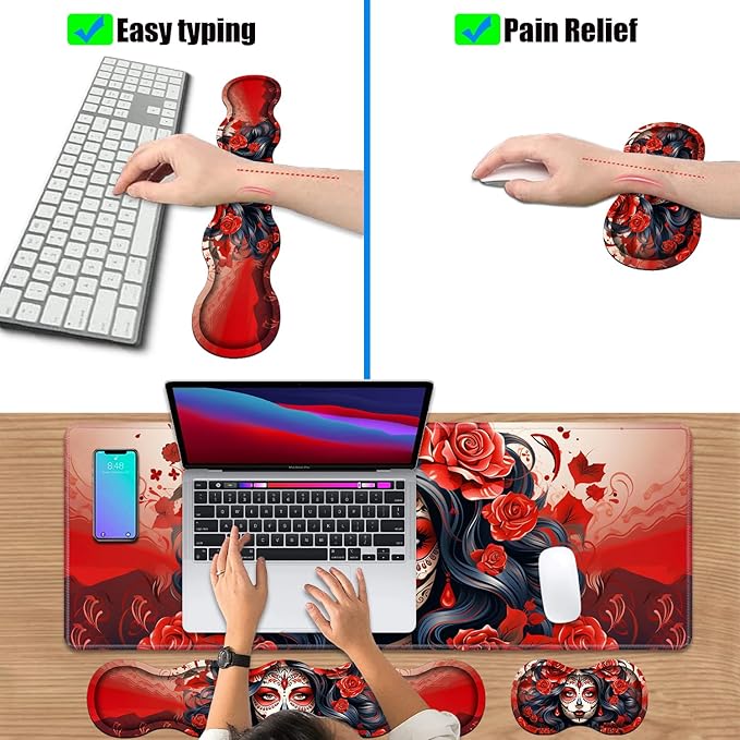 4 in 1 Ergonomic Keyboard Wrist Rest &amp Mouse Pad Wrist Rest Set Large XXL Gaming Desk Mat 31.5x 11.8 with Non-Slip Base Memory Foam for Home Office Study Gaming Sugar Skull Girl Roses
