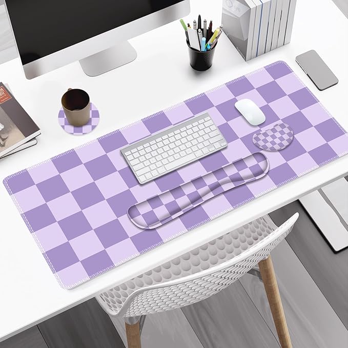 Large Gaming Mouse Pad Set 4 in1 Ergonomics Keyboard Desk Mat with Memory Foam Wrist Rest Extended Game Mousepad Non-Slip Desk Pad Matt Easy Typing Pain Relief I Light Purple Checkered