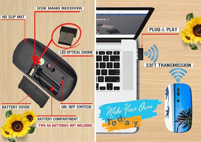 maizi Cordless Mouse for Mac Laptop PC Chromebook Cordless Mice Image ID: 30120979 a Beach is Beautiful 2.4G Portable with USB Receiver Printed in USA