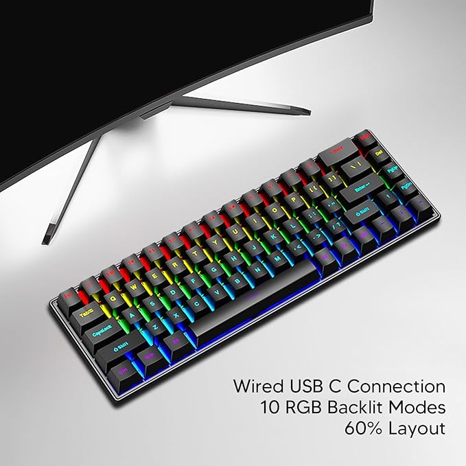 ANGGREK Computer Keyboard Gaming Keyboard Crisp Keystroke N Key Rollover 68 Keys RGB Backlit for Family (Black)