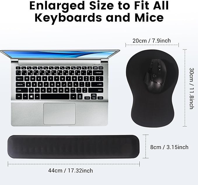 MEKASS Ergonomic Mouse Pad and Keyboard Wrist Rest Set Super Soft Memory Foam Desk Wrist Support for Computer Keyboard Non-Slip Arm Palm Rests Cushion for Typing Gaming Office Laptop Mac (Black)