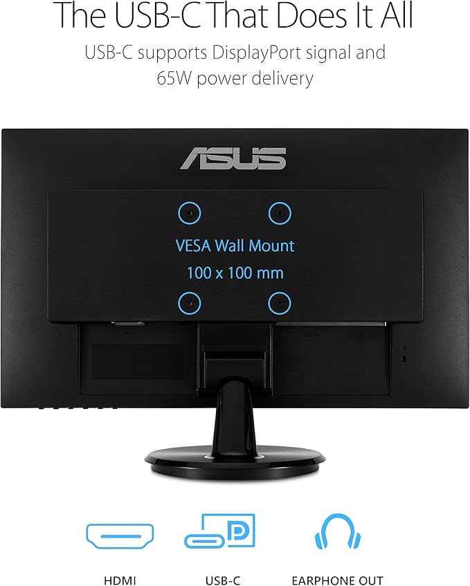 ASUS 23.8” 1080P Monitor (VA24DCP) - Full HD IPS 75Hz USB-C 65W Power Delivery Speakers Adaptive-Sync/FreeSync Low Blue Light Flicker Free VESA Mountable Frameless HDMI