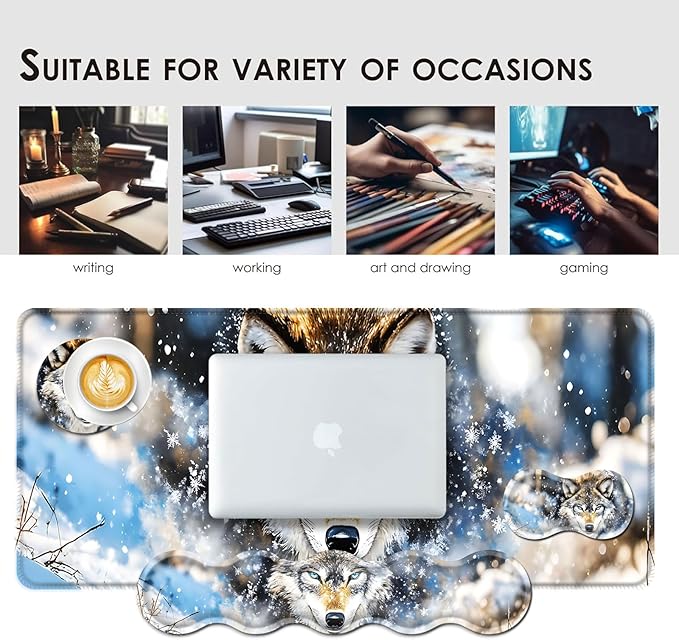 Large Keyboard Mouse Pad Set Extended Mouse Pad+Keyboard Wrist Rest Support Memory Foam Ergonomic Easy Typing 4Pcs (31.5×11.8 in) Desk Pad Set for Office HomeSnowy Wolf