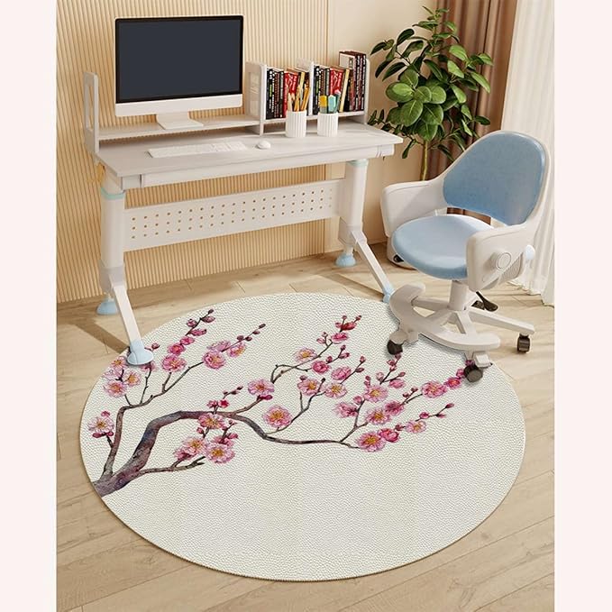 Pink PU Leather Office Chair Mat Hardwood Floor Computer Desk Mat Exotic Cherry Blossom Tree Season Florets Anti-Slip Gaming Chair Mat Round Floor Mat Durable Floor Protector Floral Diameter 39.4 in