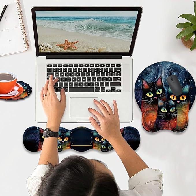 Mouse Wrist Rest and Keyboard Wrist Rest Pad+ Coaster Set Non-Slip Rubber Base Smooth Surface Ergonomic Gaming Mouse Pad for Easy Typing and Pain Relief Moon Cat