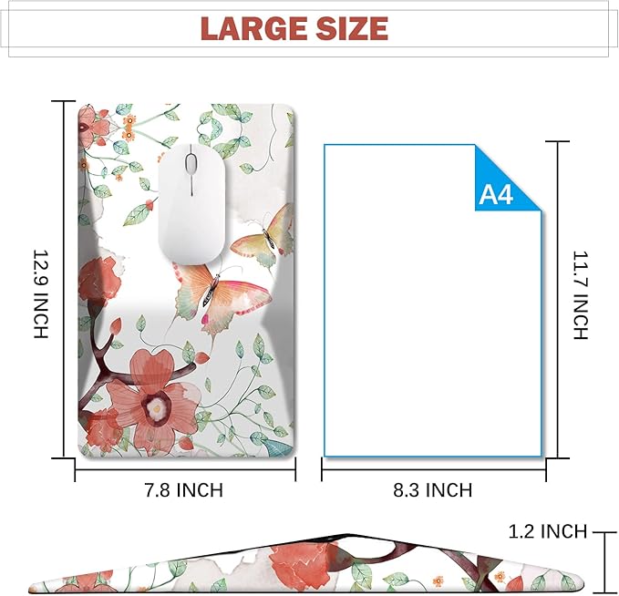 AIMSA Ergonomic Mouse Pad Wrist Rest Support Thick Mousepad Upgraded Memory Foam Pain Relief and Non-Slip PU Base for Home Office Butterfly Flower
