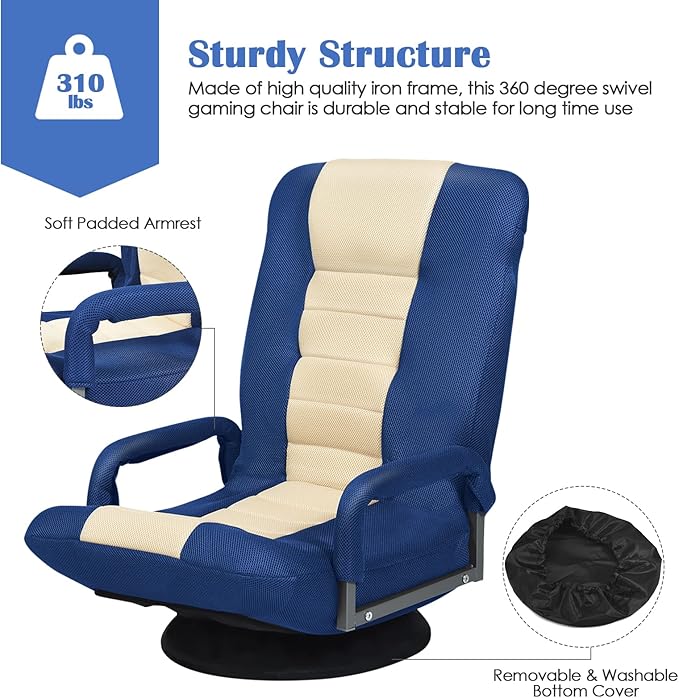 S AFSTAR Floor Gaming Chair Swivel Foldable Chair with Armrest &amp 6-Position Adjustable Backrest Folding Rocker for TV Reading &amp Home Office (Blue)