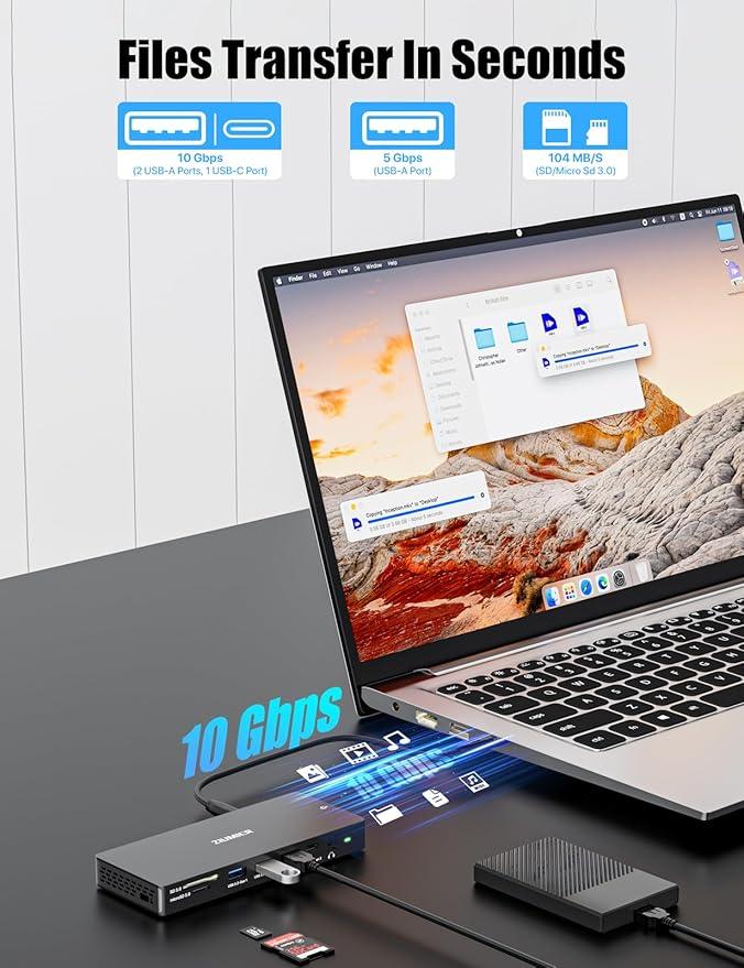 ZIUMIER USB C Docking Station Dual Monitor 12 in 1 Laptop Docking Station - Single 8K or Dual 4K Displays 1 HDMI 1 DP 100W PD 3x10Gbps USB-A/C Data 5Gbps USB-A Data Ethernet Audio SD/Micro SD