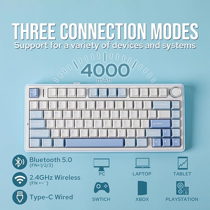 EPOMAKER x Aula F75 Gasket Mechanical Keyboard 75% Wireless Hot Swappable Gaming Keyboard with Five-Layer Padding&ampKnob BT/2.4GHz/USB-C RGB (Sea Salt Blue Ice Vein Switch)