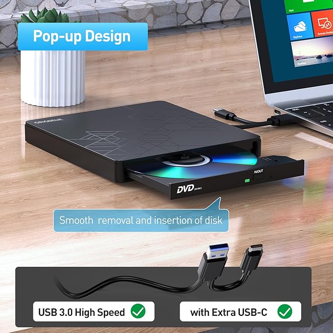External CD DVD Drive CD Burner USB 3.0 with 2 USB Ports and 2 TF/SD Card Slots Optical Disk Drive for Laptop Mac PC Windows 11/10/8/7 Linux OS with Carrying Case