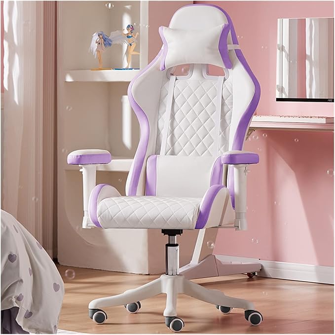 Adjustable Office Computer Chair with Armrest Chairs Pink Gaming Chair Girls Home Office Comfortable Game Swivel Gamer Computer(White and Purple)