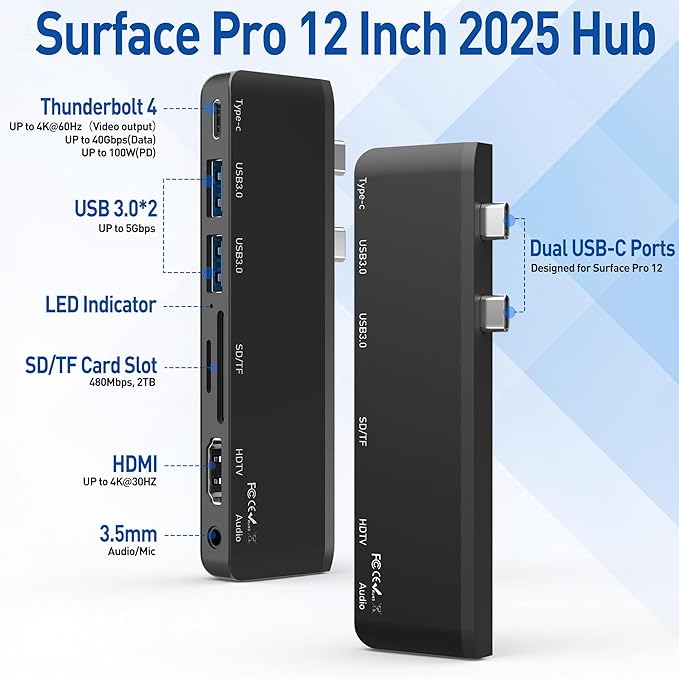 Surface Pro 12 Docking Station Surface Pro 12 Accessories with 4K HDMI Thunerbolt 4 Hub (4K@60Hz Display+ 40Gbps Data+ 100W Charging) 2 USB3.0 SD/TF 3.5mm Audio for Surface Pro 12 inch 2025