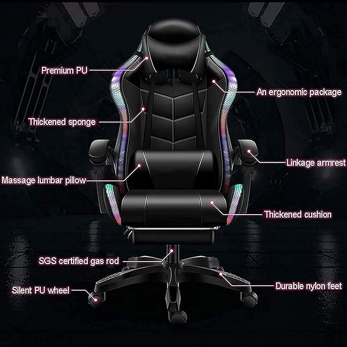 Gaming Chair with LED Light/Pro Gaming Chair with Bluetooth Speakers Full Massager Lumbar Support and Bluetooth Speaker Video Gaming Chairs LED Lights Load-Bearing 150KGWhite