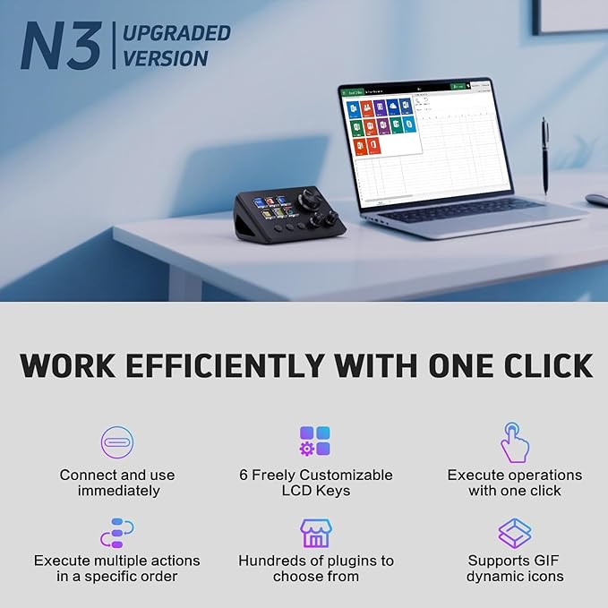 ActionRing Streaming Macro Keypad Stream Controller Deck Gaming Shortcut Keyboard with Customizable 6 LCD Shortcut Keys 3 Buttons and 3 Knobs Trigger Actions in OBS/Twitch/YouTube Windows 10/Mac