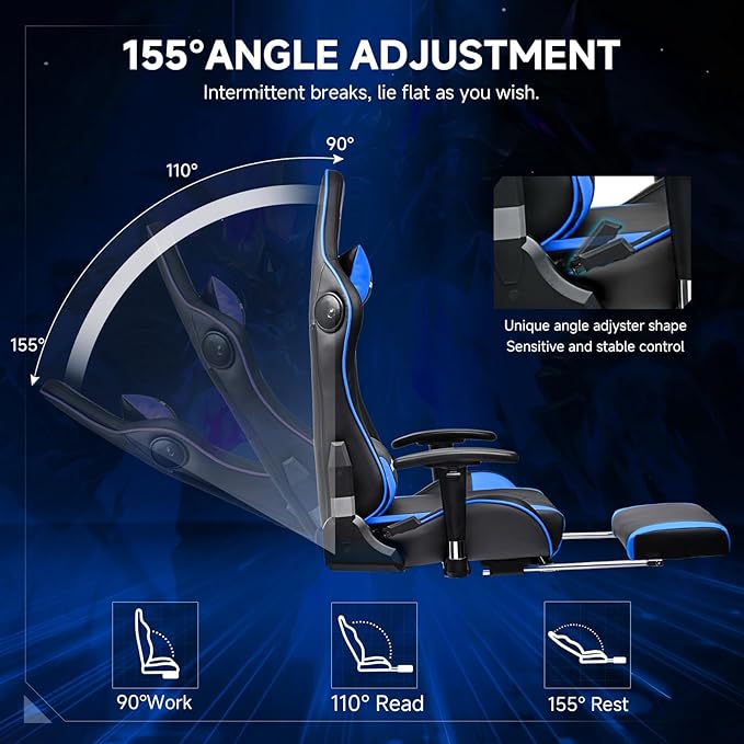 GTPLAYER Gaming ChairGamer Chair with Bluetooth and Adjustable BackrestSeat Height Adjustable Computer Chairs with 3D ArmrestsVideo Game Chair with Footrest Speakers (Blue)