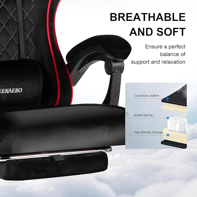 Velvet Gaming Chair for Adults with Pocket Spring Cushion SeatSoft Gaming Chair Fabric with Extendable Footrest Swivel Recliner with Ergonomic Lumbar Support and Headrest for Home/Office(red)