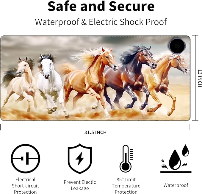 Warm Desk Pad Warm Mouse Pad Gaming Office Desk Matwith 3 Levels Heated &amp 3 Hours Auto Shut - 31.5 x 13 inch PU Leather Laptop Keyboard Mat for Home Office Hand WarmerCute Horse -277