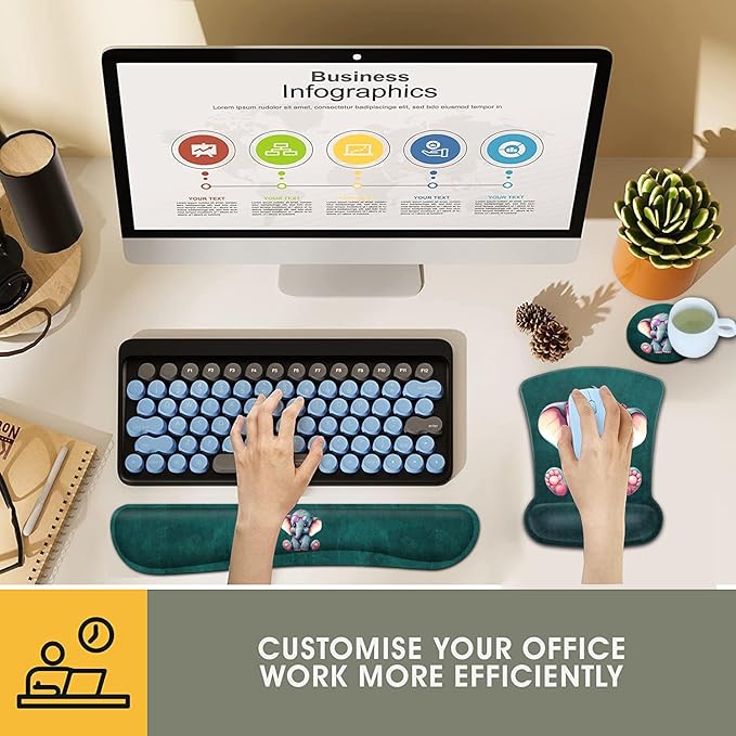 Keyboard Wrist Rest and Mouse Pad Wrist Support Set Ergonomic Gel Mouse Pad Wrist Rest with Non-Slip Base for Home Office Desk Pad Cartoon Animal Cute Baby Elephants Pattern Gaming Mouse Mat