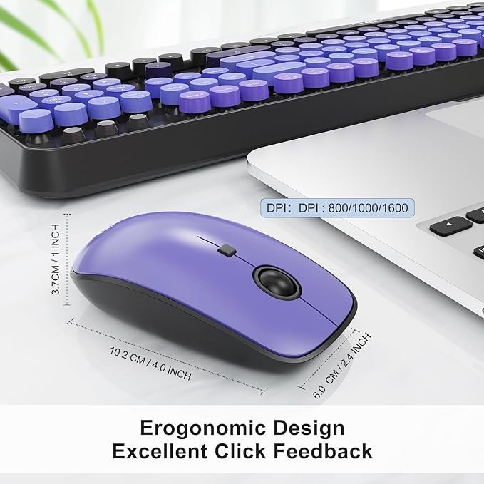FOPETT Wireless Keyboard and Mouse Combo 104 Keys Full-Sized 2.4 GHz Round Keycap Colorful Keyboards USB Receiver Plug and Play for Windows Mac PC Laptop Desktop (GradientPurple)
