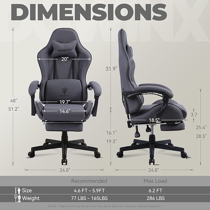 Dowinx Gaming Chair Fabric with Pocket Spring Cushion Massage Game Chair Cloth with Headrest Ergonomic Computer Chair with Footrest 290LBS Grey
