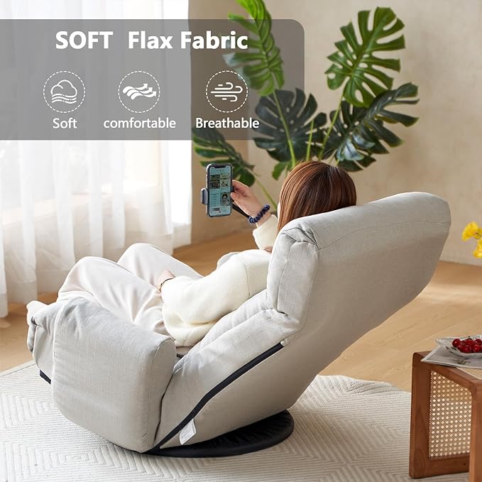 360-Degree Swivel Floor Chair with 5-Position Folding Design Adjustable Headrest Waist Support Armrests and Phone Holder for Living Room (Gray+Fine Linen)