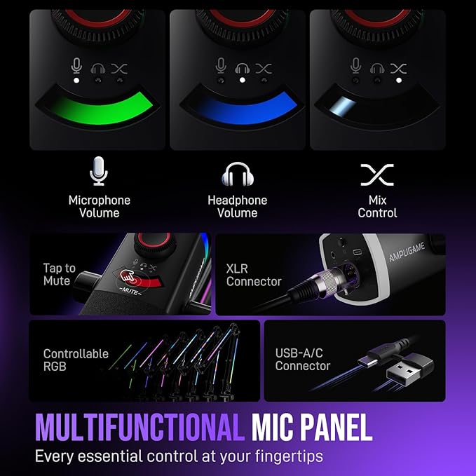 FIFINE Gaming Microphone Kit XLR/USB Dynamic PC Microphone with Boom Arm for Podcast Recording RGB Streaming Mic Set Tap-to-Mute Mix Control Headphone Jack-AmpliGame AM8PROT