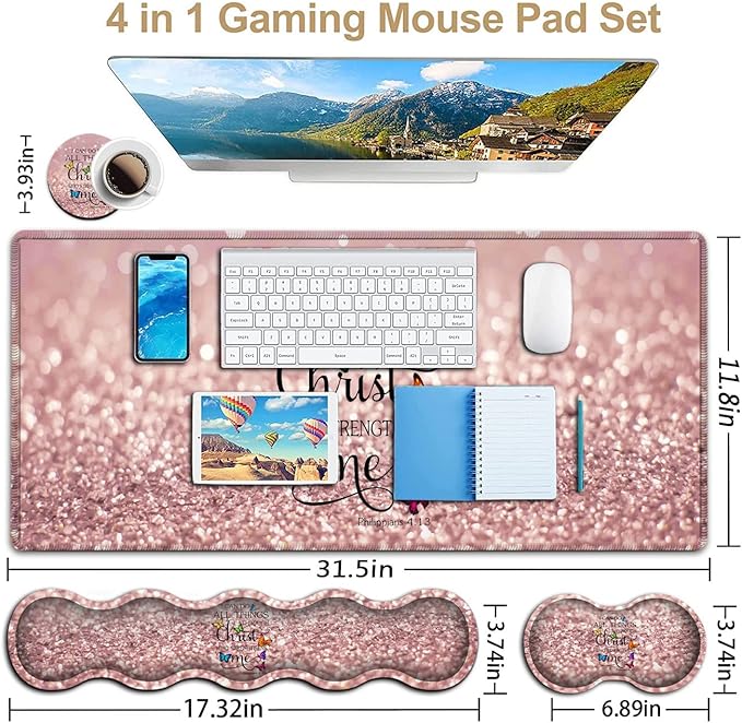 Gaming Mouse Pad Ergonomic Memory Foam Keyboard Wrist Rest Support &amp Non-Slip Mouse Wrist Rest for Laptop Desk Writing Pad Philippians 4:13 Pink Glitter Office Desk Mat Extended Large Mouse Pad