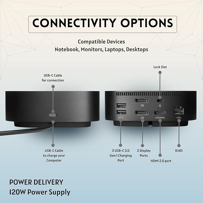 HP 5TW10AA 120W Docking Station for Laptop Dual Monitor USB-C G5 Dock with HDMI DisplayPort USB-C Cables (NEW)