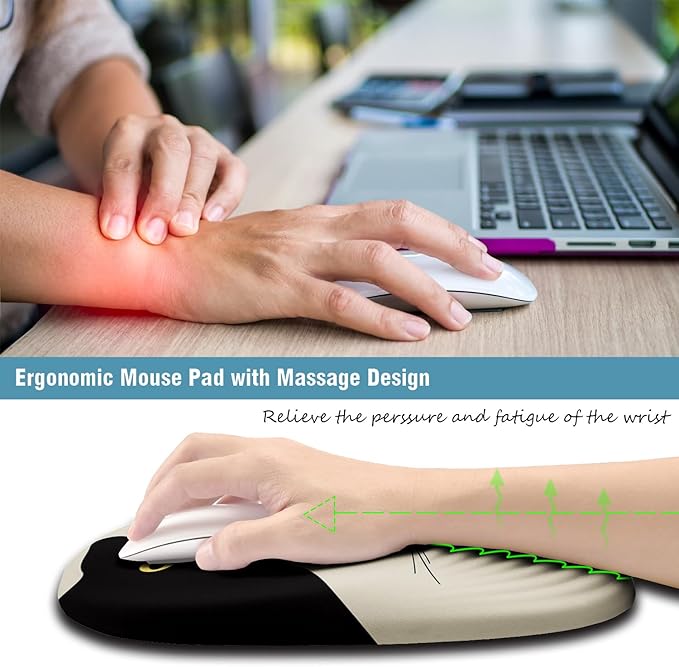 Mouse Pad Ergonomic Mouse Pad with Wrist Rest Support and Non-Slip PU Base Cute Computer Mousepad for Pain Relief Office &amp Home Beige Three Cats