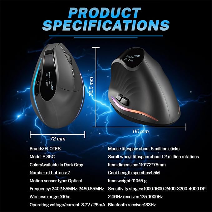Gaming Mouse with Display Wireless Vertical Ergonomic Mouse with Tri-Mode Connectivity 7 Programmable RGB Buttons 4000 DPI Rechargeable for PC Laptop Mac