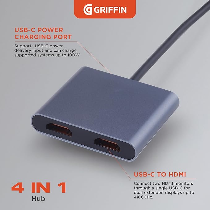 Griffin - 4-in-1 Hub USB C Hub Multiport Adapter with USB 3.0 Dual 4K HDMI Adapter for Laptop MacBook and More 100W Power Delivery