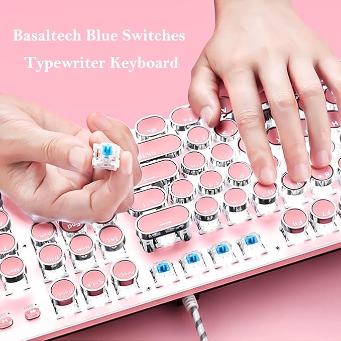 Basaltech Mechanical Gaming Keyboard and Mouse Combo Retro Steampunk Vintage Typewriter-Style Keyboard with LED Backlit 104-Key Anti-Ghosting Blue Switch Wired USB Metal Panel Round Keycaps Pink