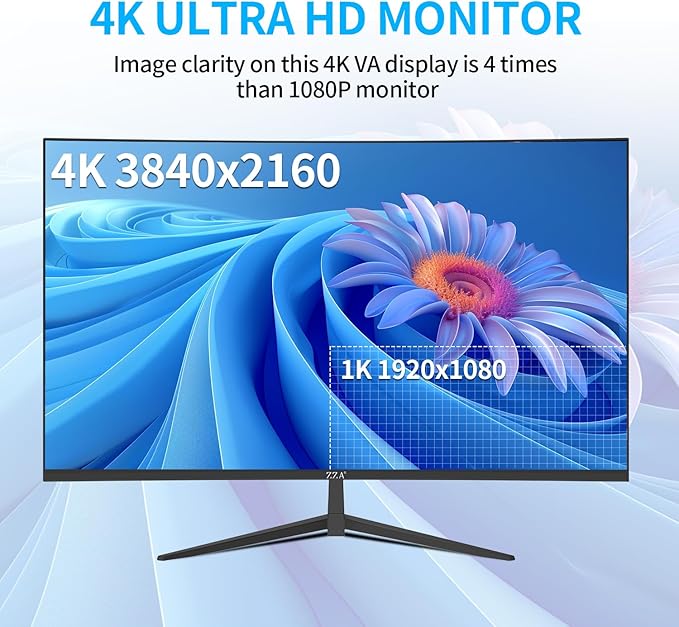 ZZA 32 Inch Curved Monitor 4K UHD 3840x2160 60Hz 3000R VA Display Gaming Monitor with Adaptive Sync HDMI 2.1 &amp DisplayPort 1.4 100% sRGB Computer Monitor VESA 100x100 Black