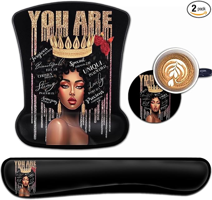 Keyboard Wrist Rest and Mouse Pad Wrist Support Set Ergonomic Gel Mouse Pad Wrist Rest with Non-Slip Base for Home Office Desk Pad Easy Typing African American Black Women Gaming Mouse Pad
