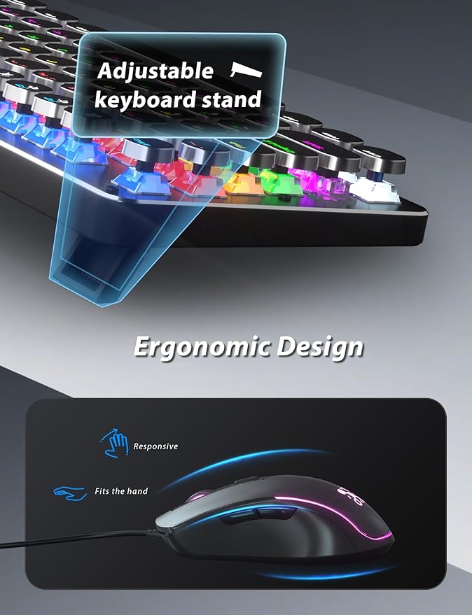 Typewriter Style Mechanical Gaming Keyboard Blue Switch Rainbow LED Backlit Wired Computer Keyboards Mouse and Pad Combo Metal Panel Retro Punk Round Keycaps 104 Keys Anti-Ghost for PC Laptop Gamer