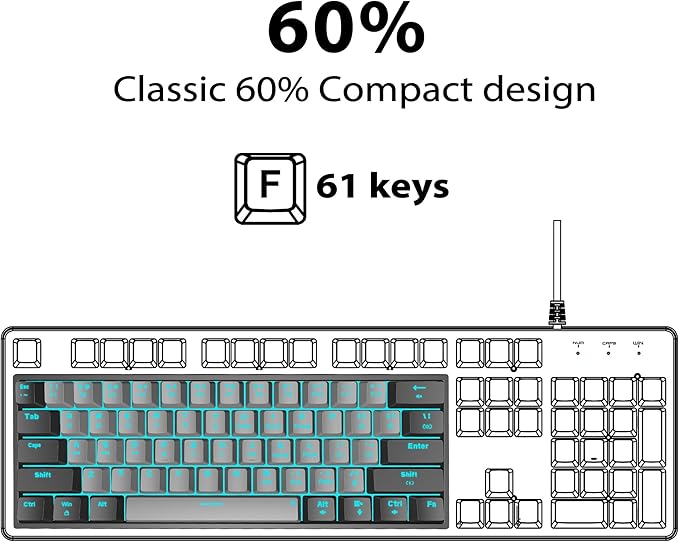 Snpurdiri 60% Wired Mechanical Gaming Keyboard Ice Blue LED Backlit 61 Keys Mini Wired Office Keyboard for Windows Laptop PC Mac (Black-Grey Red Switches)