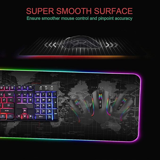 RGB Gaming Mouse Pad with Coffee Coaster XXL Large Glowing LED Mousepad Anti-Slip Rubber Base Computer Keyboard Desk Mouse Mat 31.5 X 11.8 Inch - World Map Pattern