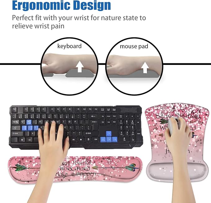 Keyboard Wrist Rest and Mouse Pad Wrist Support Set with Coasters Inspirational Quote Stay Positive Work Hard and Make It Happen Wrist Mouse Pad with Non-Slip PU Base for Home Office Working Studying