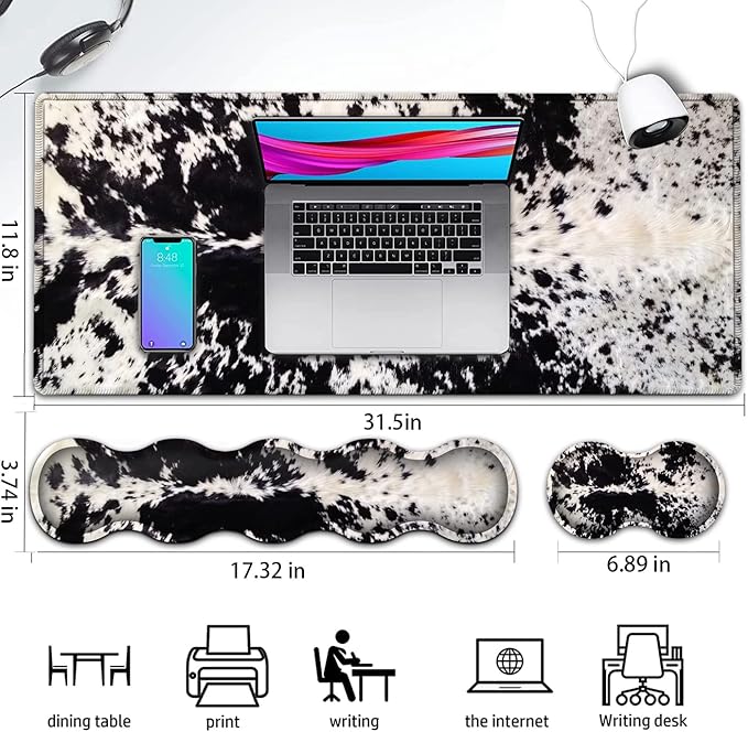 Gaming Mouse Pad and Keyboard Wrist Rest Large Extended Mouse Pad 31.5X 11.8Ergonomic Memory Foam Wrist Rest Support+Desk Mat Protectorfor Office/Home Writing Pad Black &amp White Cow Hair Mousep
