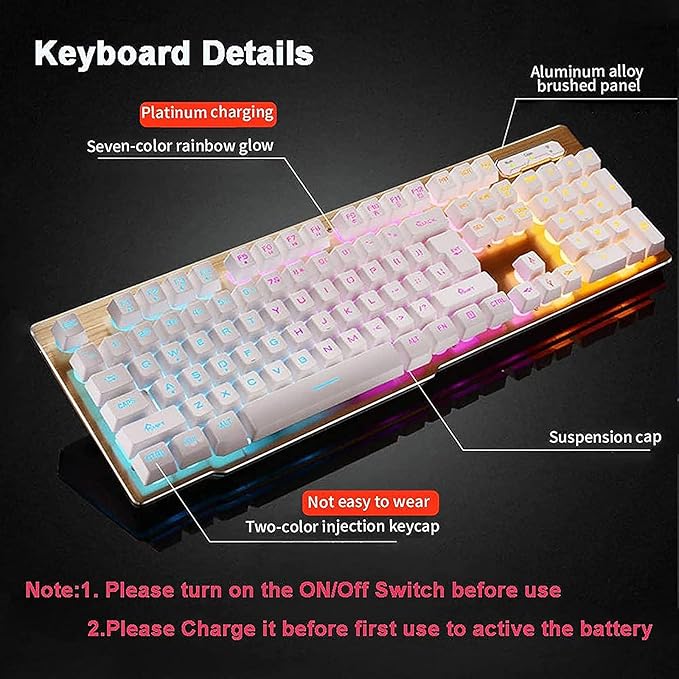 Rechargeable Gaming Keyboard Mouse Combo2.4G Wireless Backlit Mechanical Feeling Ergonomic Keyboards with Optical Mice Set for Computer Game (White)