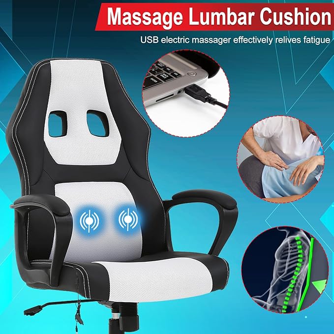 Gaming Chair with Massage Function PU Leather Chairs Ergonomic Office Chair Executive Computer Chairs High Back Computer Task with Lumbar Support Adjustable Height White