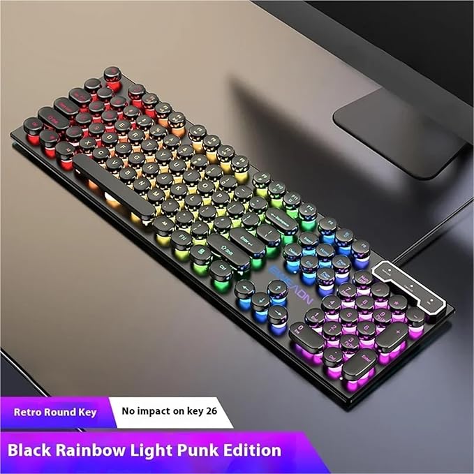 104 Key Backlit True Mechanical Feel Keyboard Wired Gaming Keyboard Illuminated Retro Keyboard Gaming PC Laptop Office(Black with RGB Light)