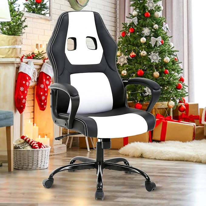Office Chair Ergonomic Executive Desk ChairRacing PC Gaming Chair with Lumbar Support Comfortable Mesh Home Computer Chair High Back Leather Swivel Task Chair for Adults White