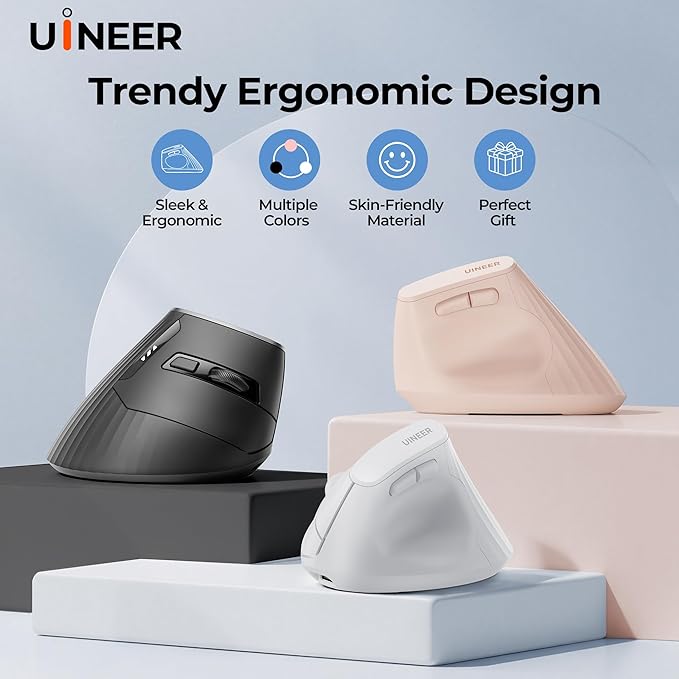 Uineer Wireless Ergonomic Mouse Bluetooth Mice (BT4.0/5.0 and 2.4G) Rechargeable Vertical Mouse 3 Multi-Device Connectivity for Computer/PC/Mac/Laptop Quiet Clicks for Office Gaming Home Black
