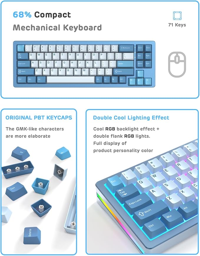 ATTACK SHARK M71 75% TKL Wireless Mechanical KeyboardFull Aluminum CNCBT5.0/2.4G/USB-CHot-swapRGB LEDNKRO Gaming Keyboard4600mAhPre-lubed Linear SwitchCustom Gasket Mount for PC Mac/Win(Blue)