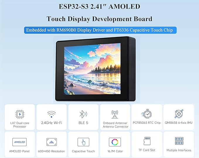 ESP32-S3 2.41inch AMOLED Touch Display Development Board 600x450 32-bit LX7 Dual-core Processor Onboard Accelerometer and Gyroscope Sensor ESP32 with Display (with Case Version)