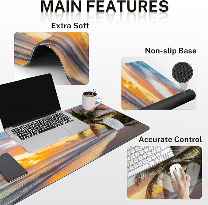 Arttown Sunset Ocean Desk Mat Tropical Beach Mouse Pad Set 4 in 1 Summer Sea Ergonomic Design Large Desk Pad + Keyboard Wrist Rest + Mouse Wrist Rest + Coaster Suitable for Home Office Study Game